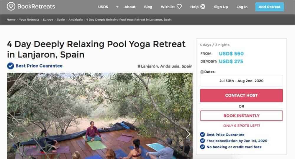 Screenshot of booking site showing group doing yoga