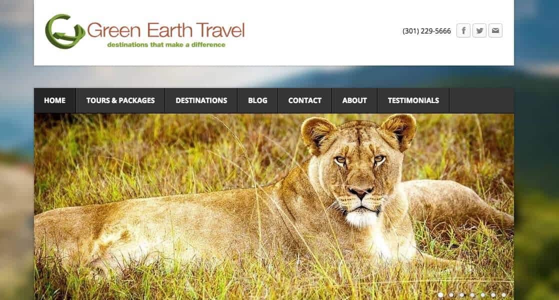 Screenshot of Green Earth Travel page showing a lion