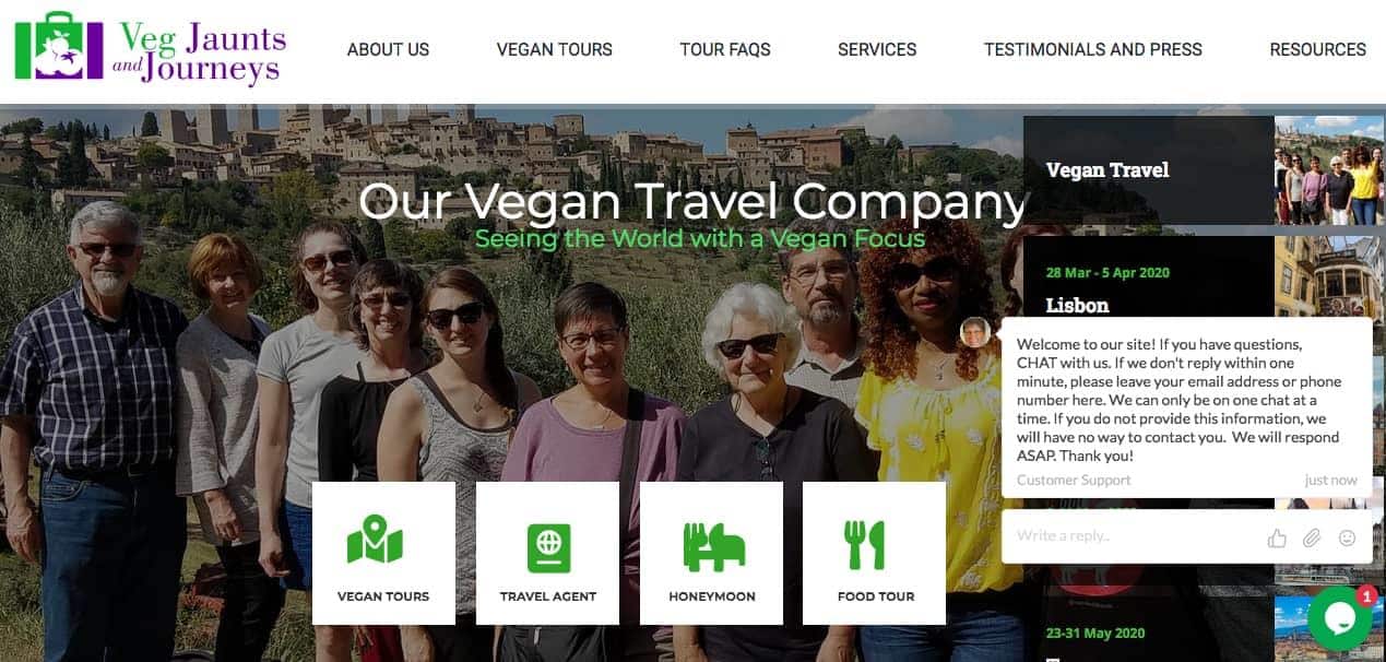 Screenshot of Veg Jautns and Journeys page showing a group in front of historical site