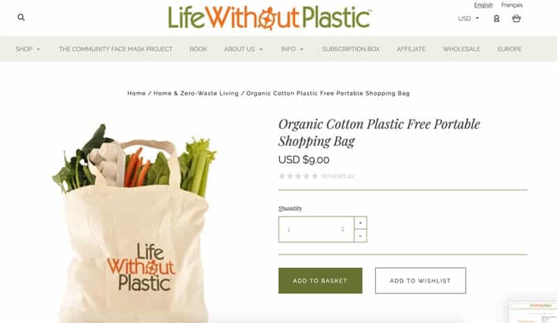 Canvas bag full of veggies that says "life without plastic"