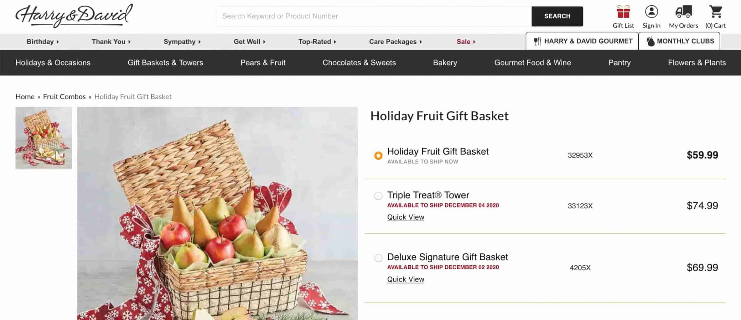 Screenshot of Harry & David site showing a basket overflowing with apples and pears.