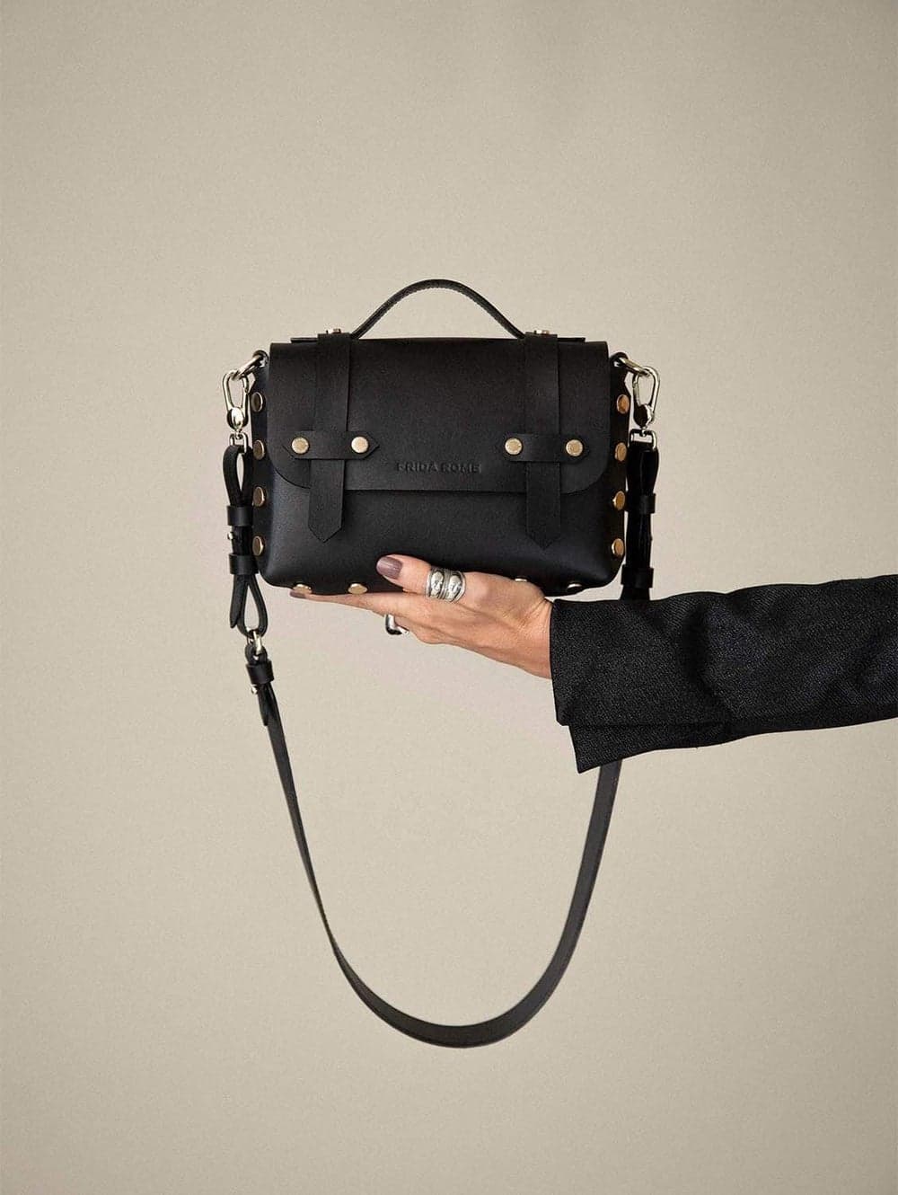 Studded black crossbody bag made from vegan cactus leather