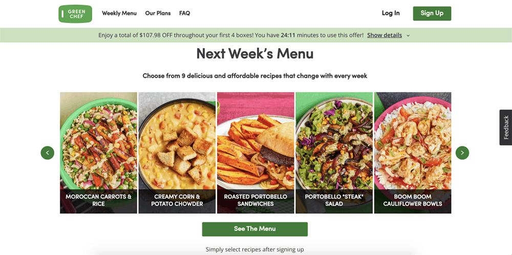 Screenshot of Green Chef site showing selection of dishes