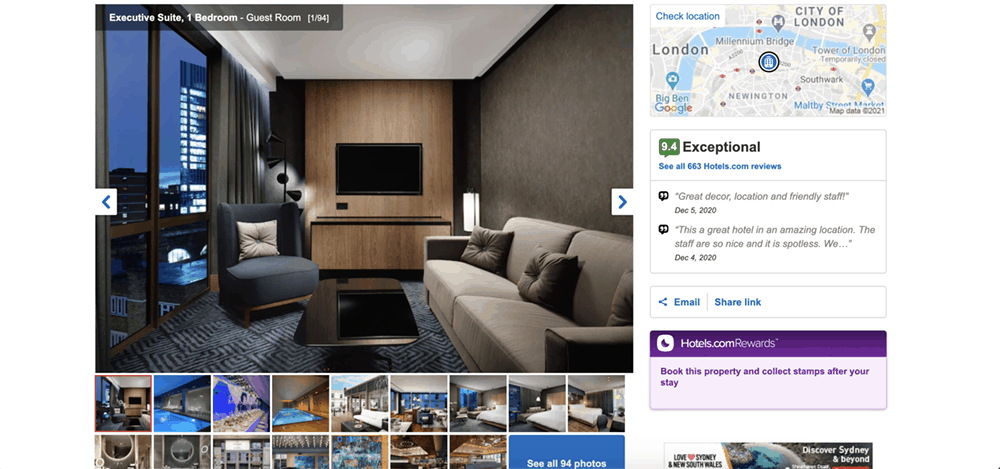 Screenshot of hotel booking site showing suite sofa and chair