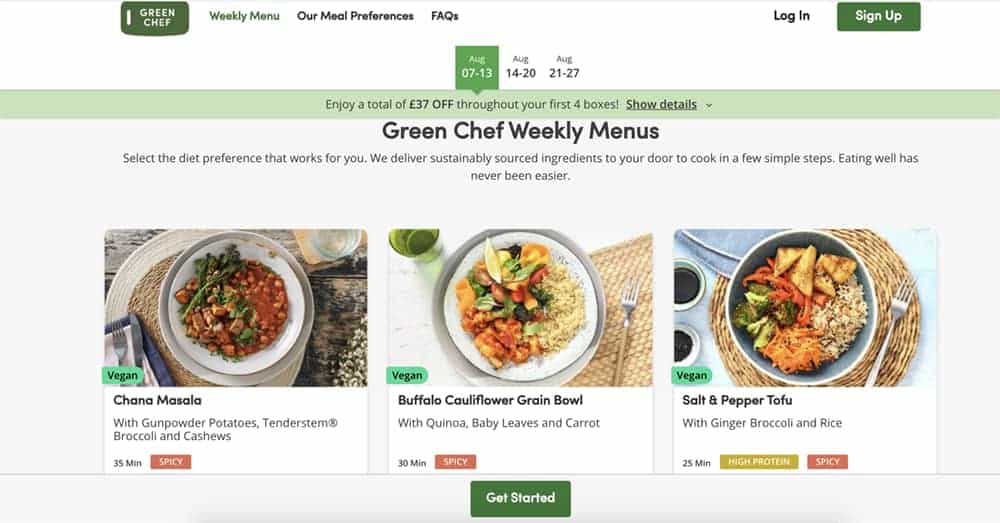 Screenshot of Vegan Chef homepage showing chana masala, salt and pepper and buffalo grain bowls