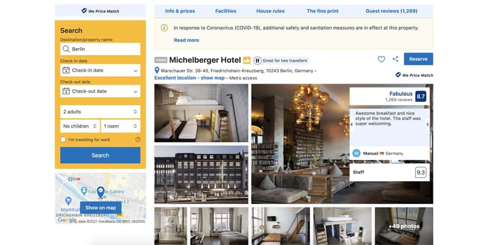 Screenshot of Michelberger booking page showing a room, reception and exterior