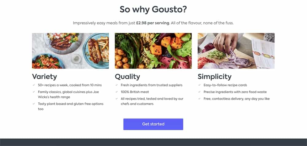 Screenshot of Gousto homepage showing dishes and someone picking up chopped vegetables