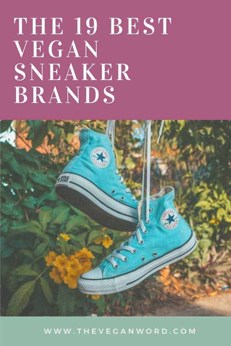 Pinterest image showing blue canvas high tops hanging from laces in front of bushes