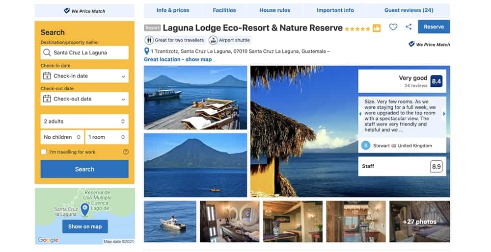 Screenshot of Laguna booking site showing views of water and mountains