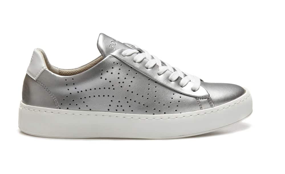 Metallic silver vegan leather trainer with white sole and laces