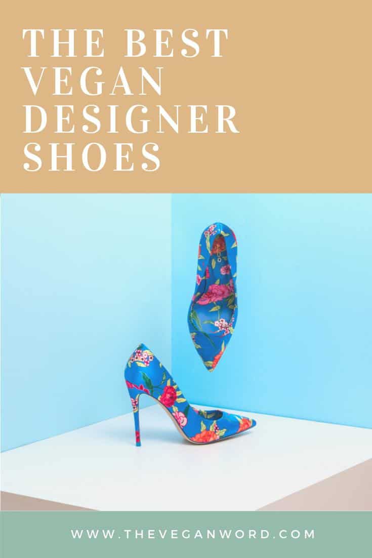 Pinterest image featuring blue stiletto flower print heels on a white platform against blue wallls