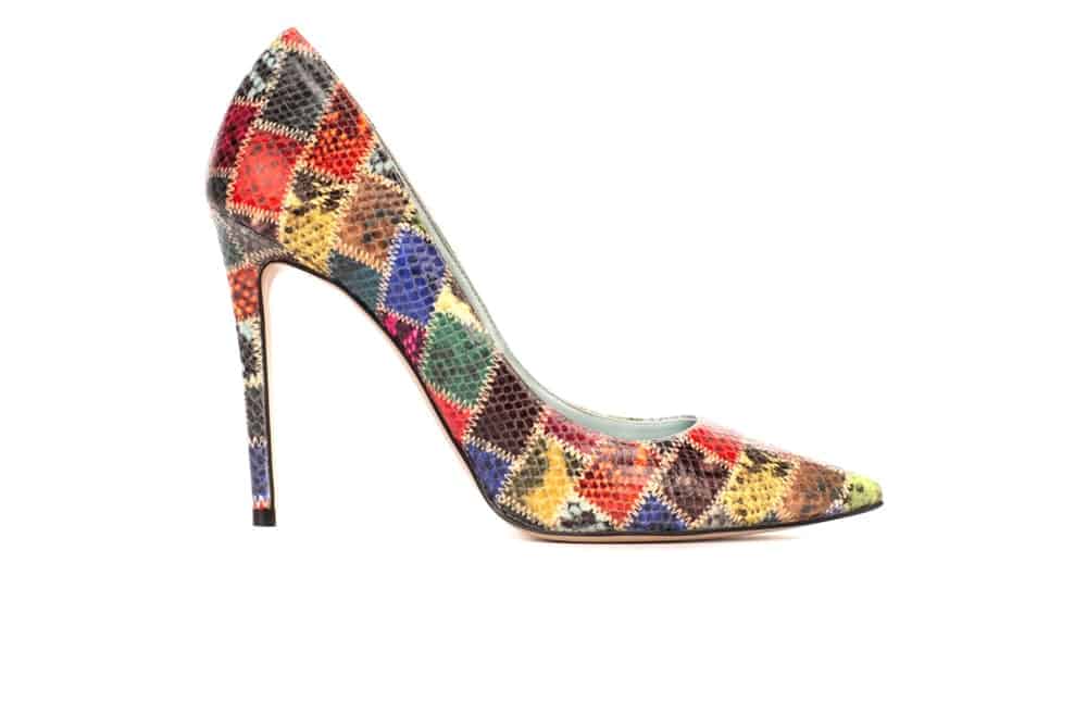 Multicoloured stamp pattern vegan snakeskin stiletto heels from Aera