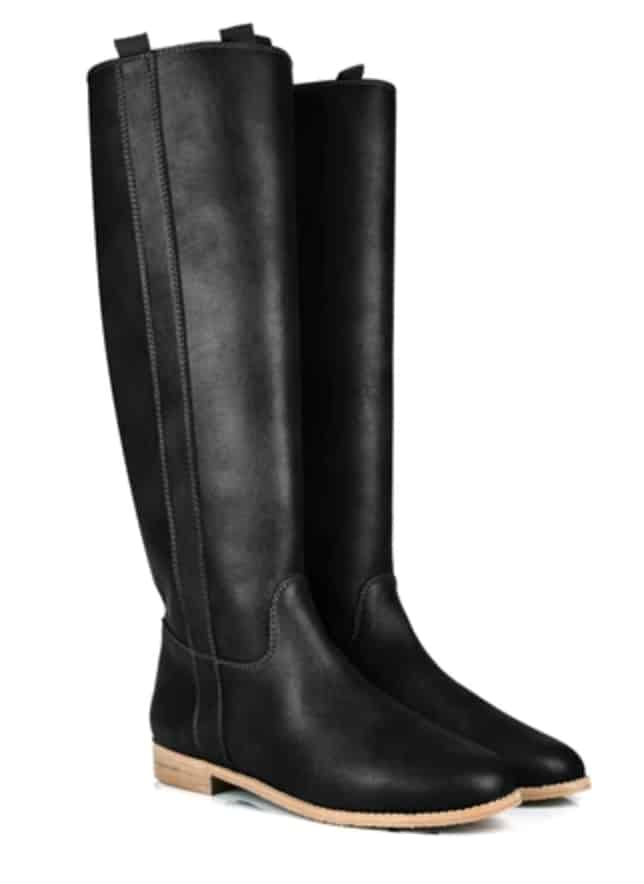 Black vegan leather knee high boots with wood coloured sole