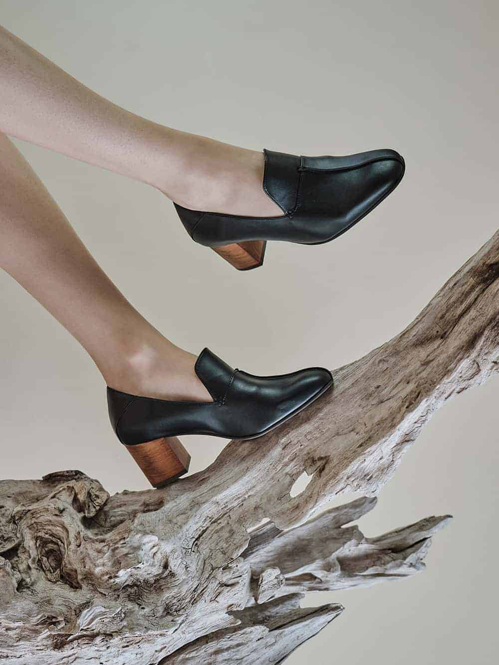 Black vegan work shoes women, closed toe with wooden block heel