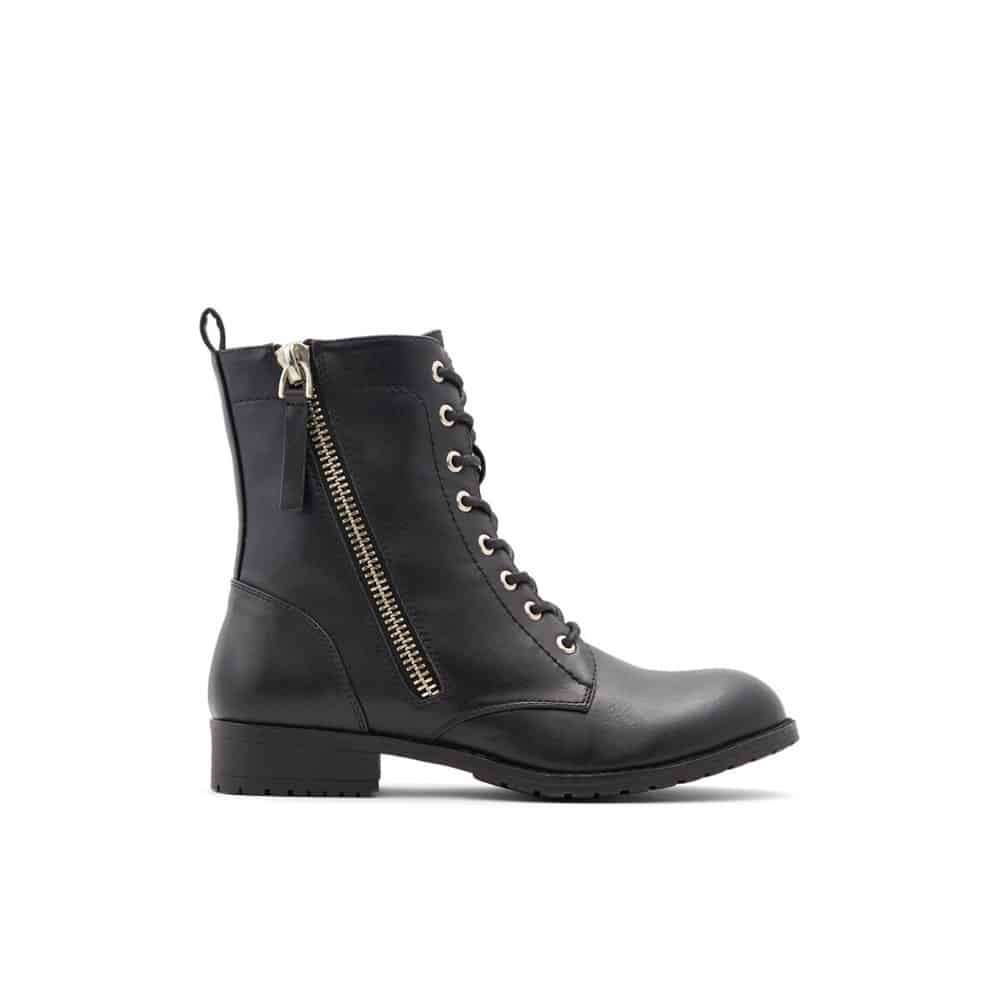 Flat black lace up vegan leather boots with zipper down the side