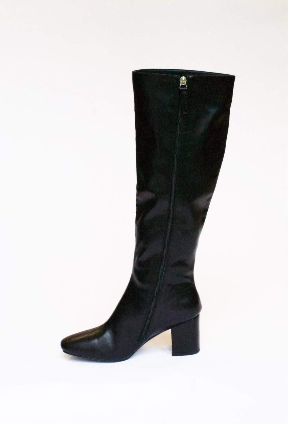 heeled black vegan boots knee high from collection & co, featuring full length zip