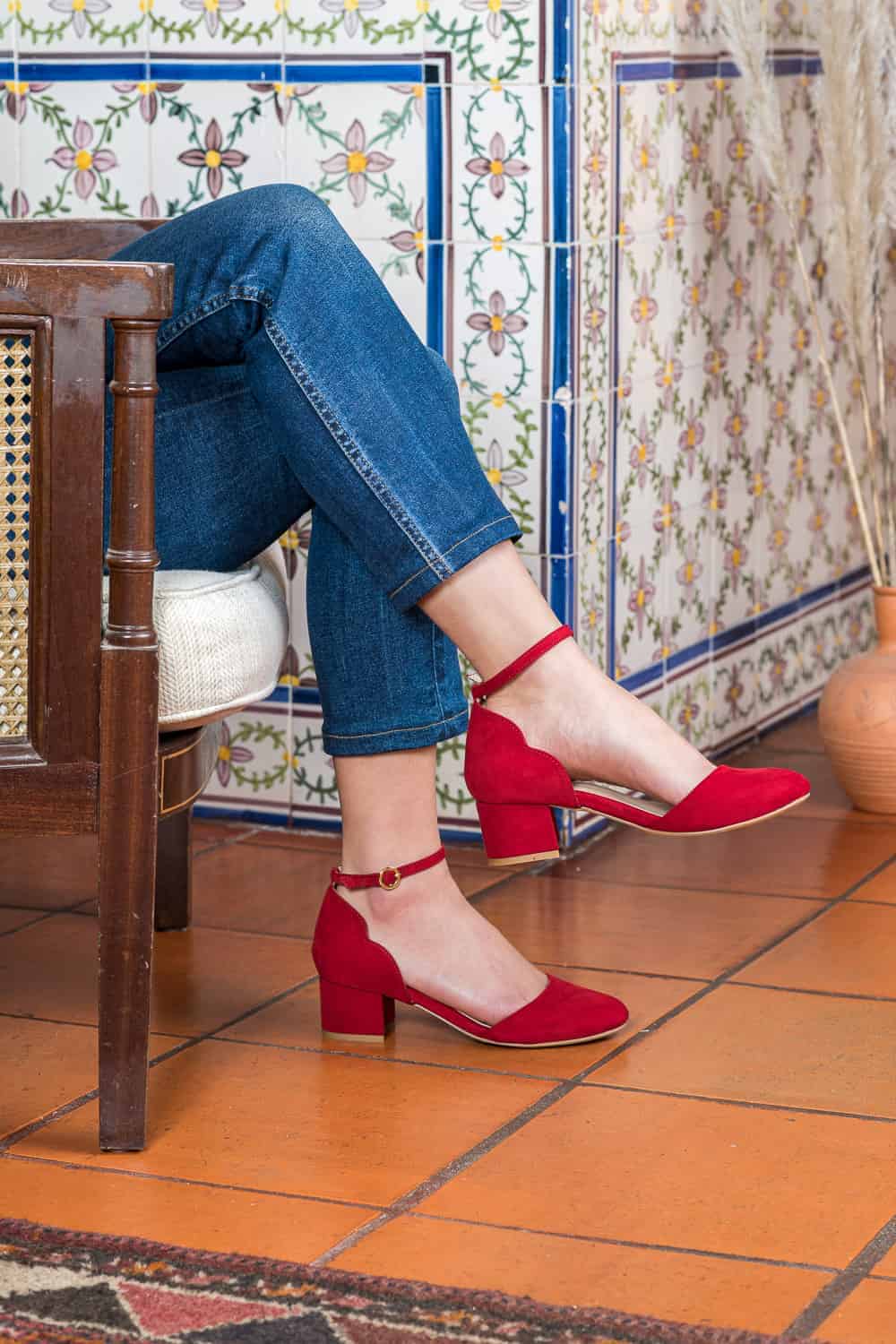 Red vegan heels with ankle straps