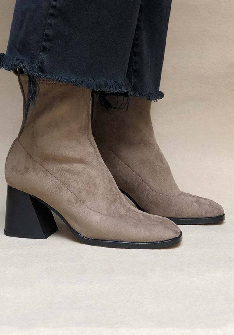 Grey vegan suede ankle boots with block heel
