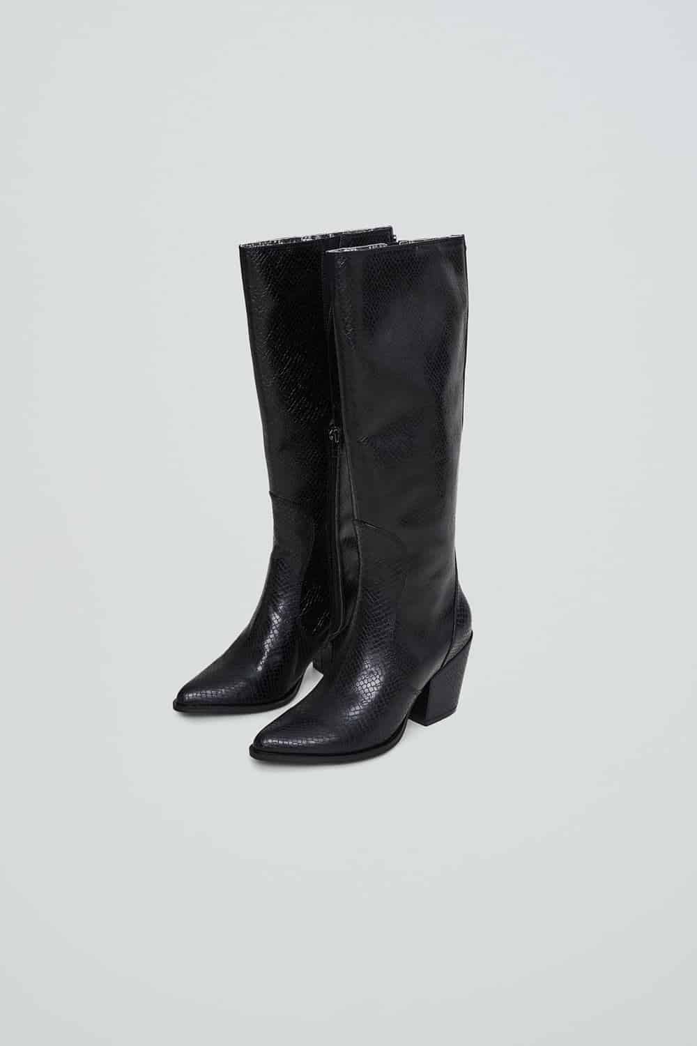 Knee high black snakeskin effect heeled boots from Noize