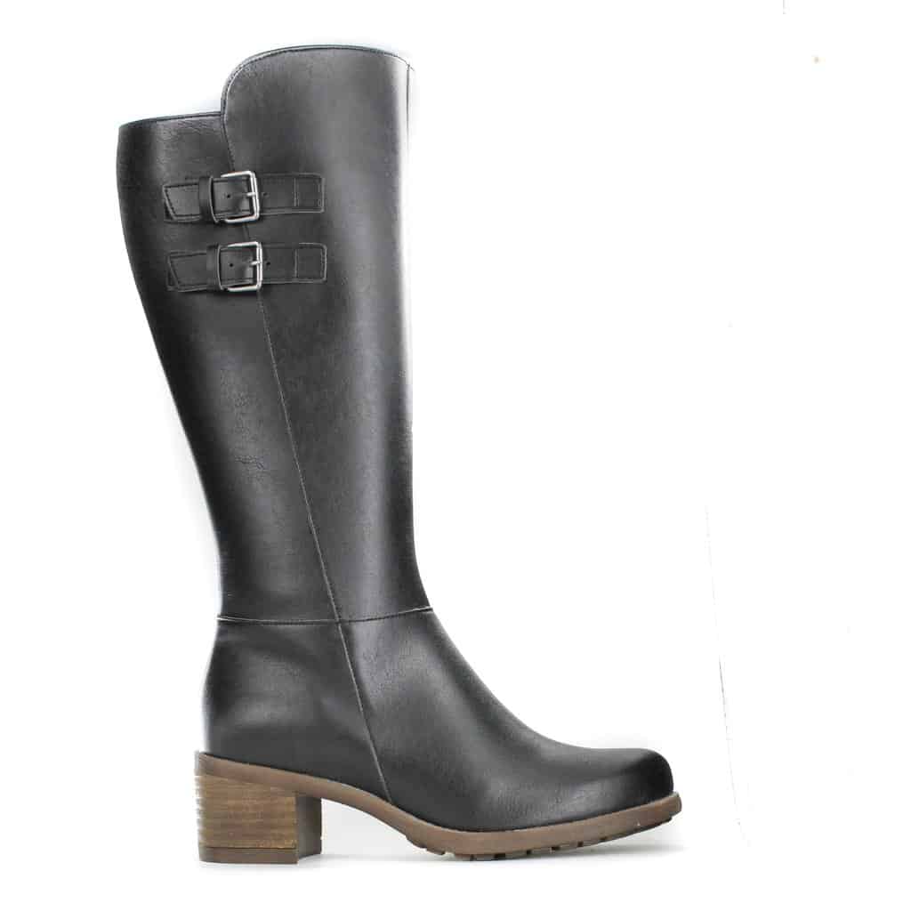 Black knee high riding style boots with two buckles and short heel. Sole and heel are brown