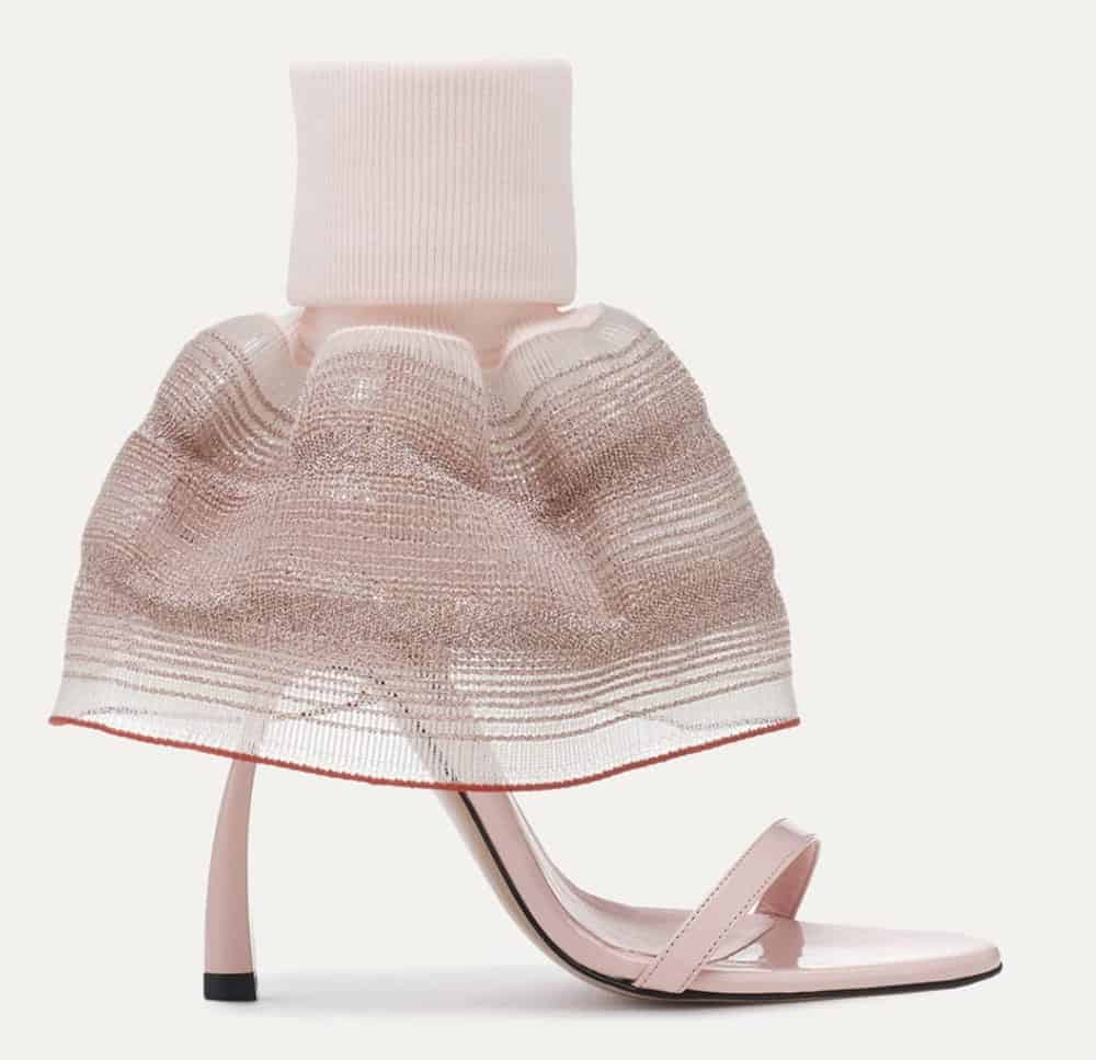 PInk stiletto heel shoe with soquette (floating sock over the shoe from ankle midway down heel) from Piferi