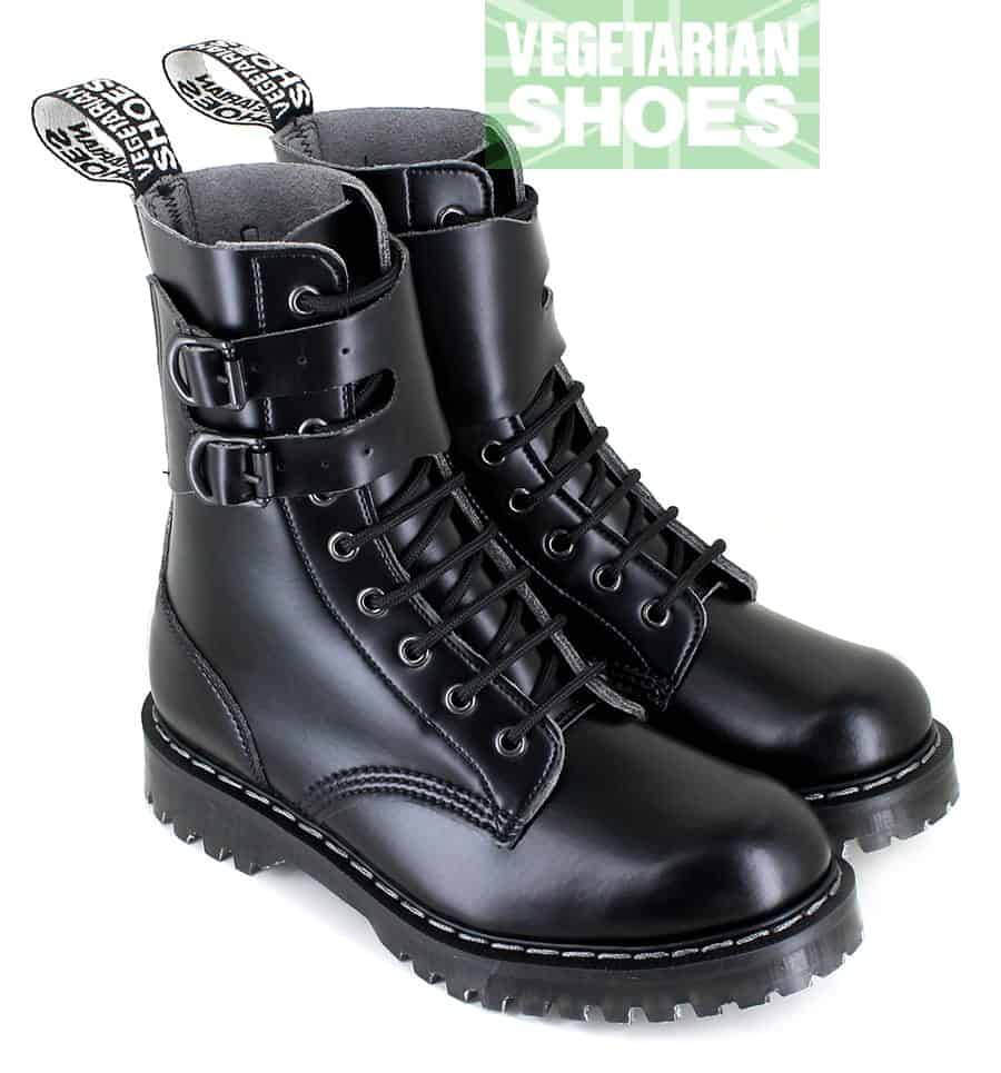 Black lace up vegan leather boots with pull that says Vegetarian Shoes