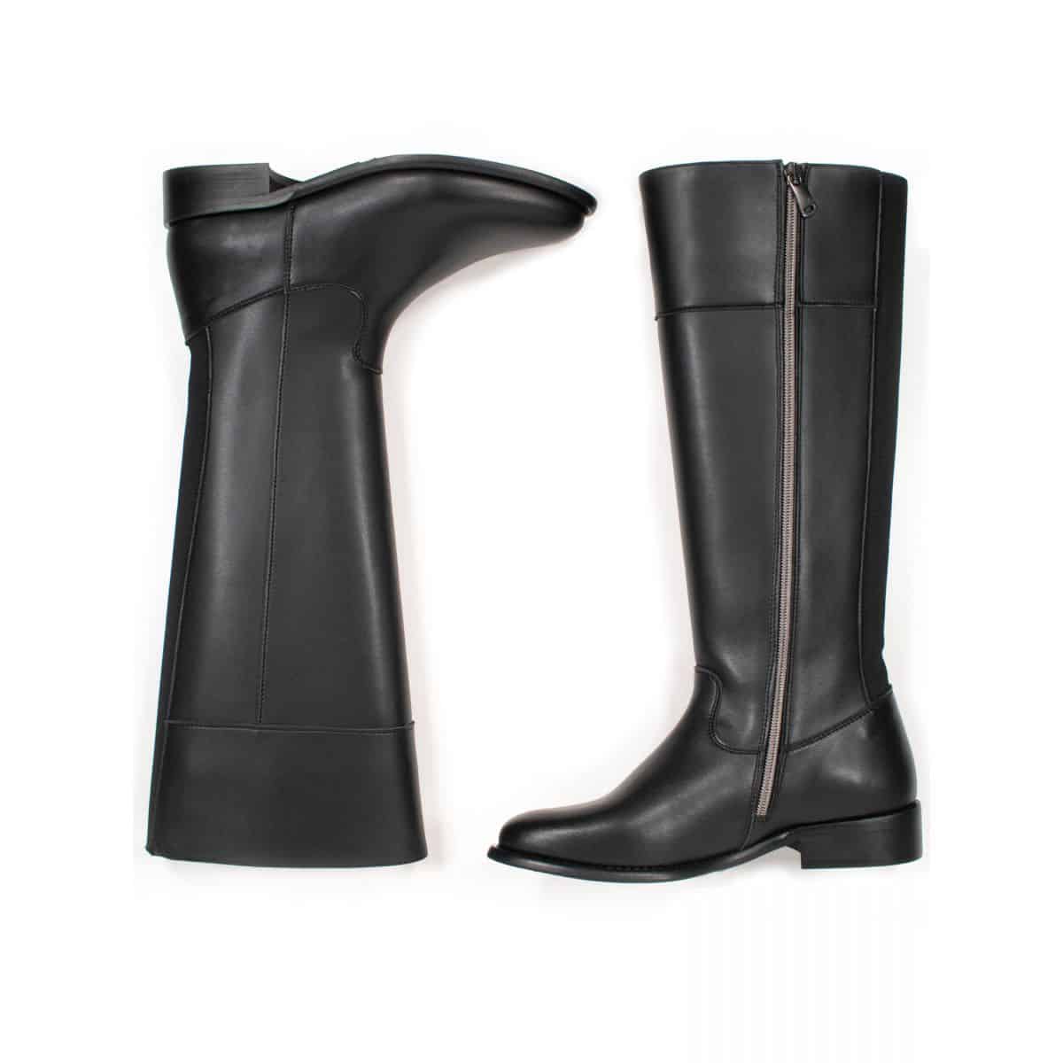 Flat black vegan leather knee high boots with full length zip