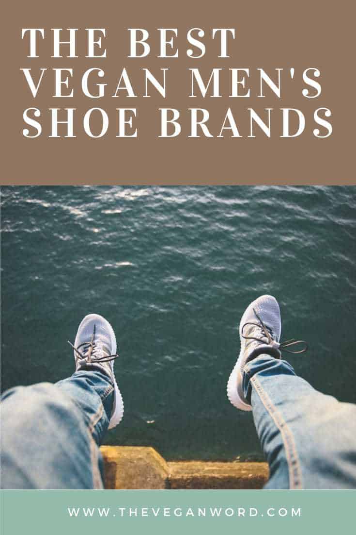 Pinterest image showing feet in trainers over water. Looking for the best vegan shoes mens? Here's a list of the top vegan mens shoe brands!
