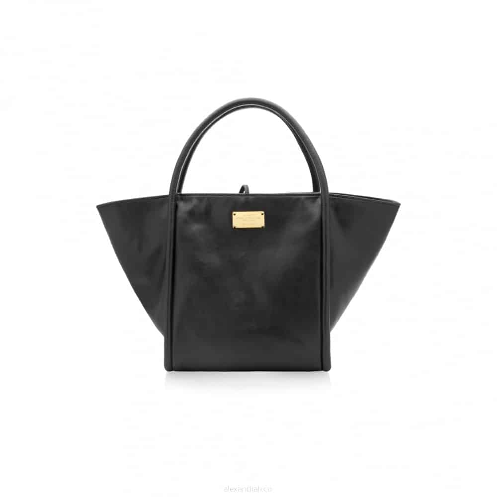 Black vegan leather tote with gold label from tote bags vegan maker Alexandra K