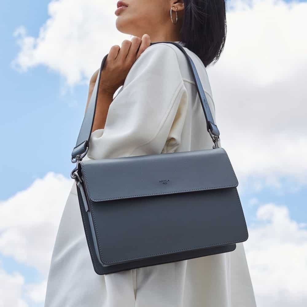 Grey vegan leather bag with flap from vegan bags brands Angela Roi