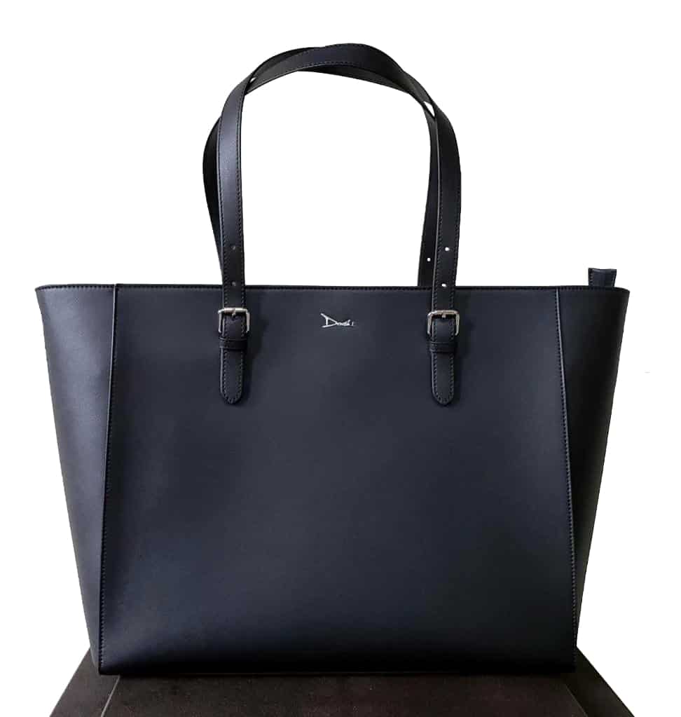 Black vegan leather tote with buckles and adjustable length handles