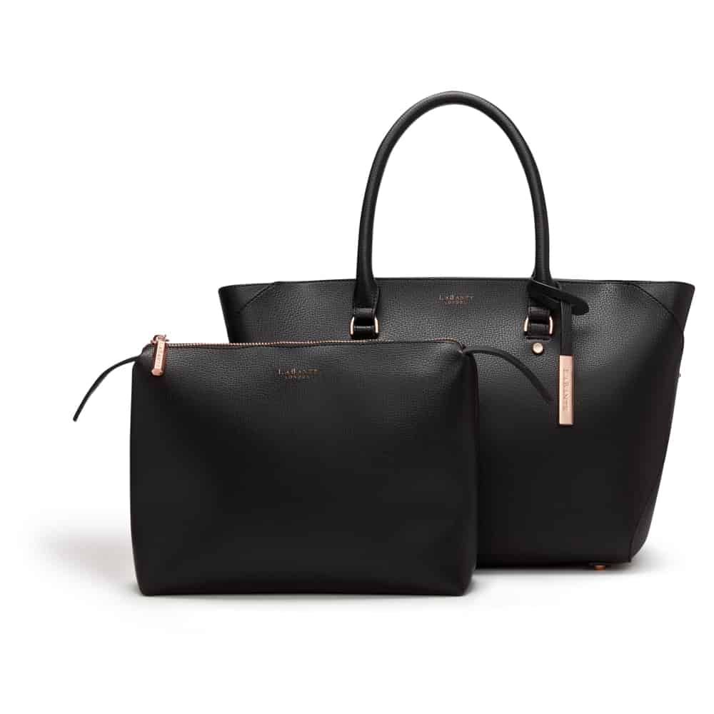 Black vegan leather tote bag with vegan black leather zippered pouch