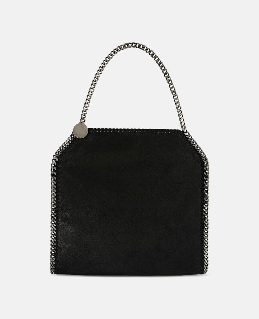 Black vegan leather bag with iconic chain link detailing and handle from Stella McCartney