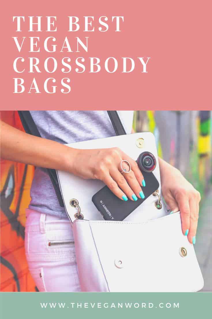 Pinterest image showing a woman placing her phone into a white crossbody bag