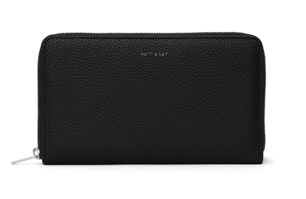 Black vegan leather wallet with zip around sides and top embossed with Matt & Nat in gold