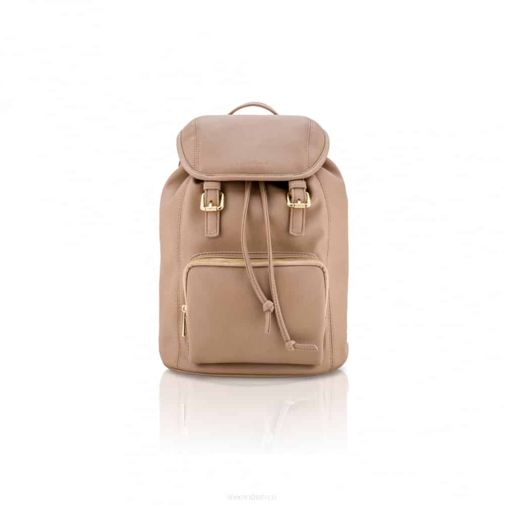 Beige vegan leather backpack with drawstring and top falp with buckles