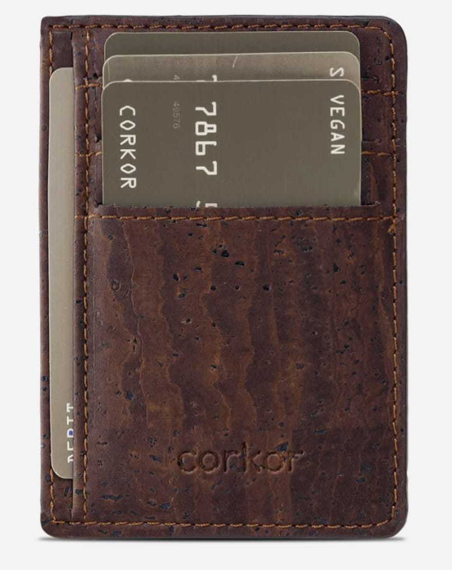 Dark brown cork wallet stamped with Corkor