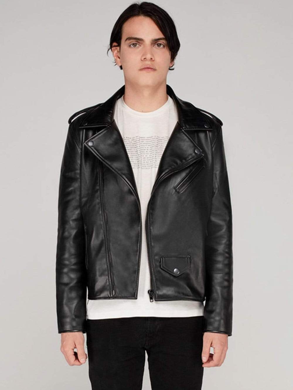 Men vegan leather jacket, black classic biker jacket from Dauntless