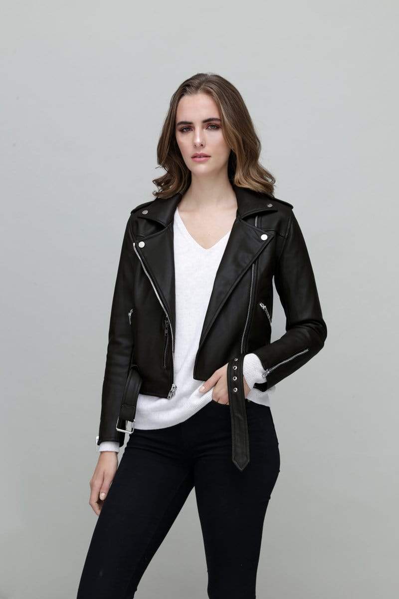 Person shown wearing black belted vegan leather jacket (belt is not fastened in photo)