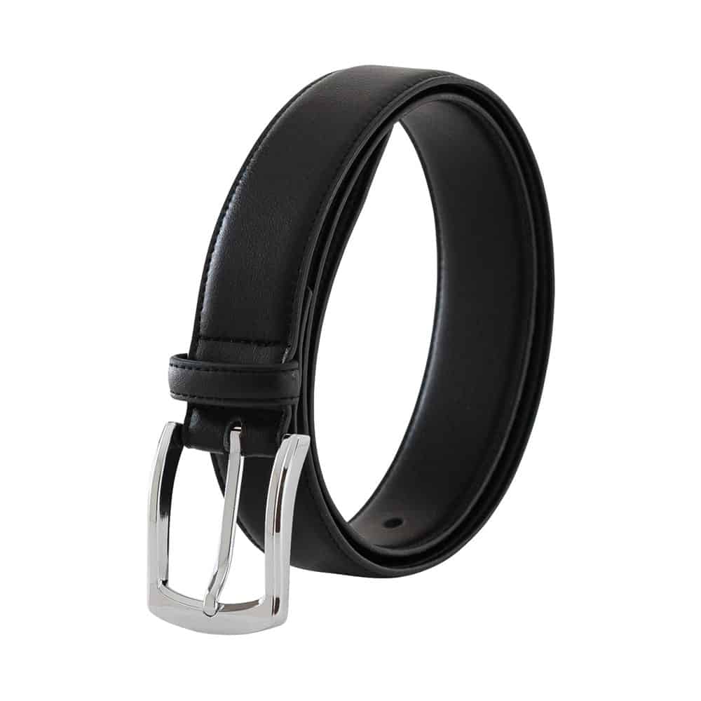 Black vegan leather belt mens with silver toned buckle from Doshi