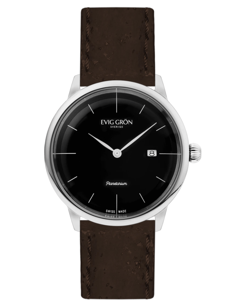 Watch with dark brown strap, black dial, silver hardware and no numbers
