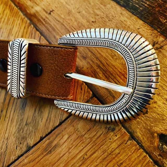 Brown vegan leather belt with large Western style buckle