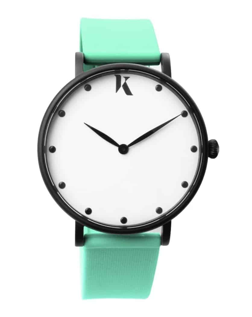 Watch with bright green strap, white dial and black hardware. MInimalist watch face with no numbers. From maker of vegan watches UK Ksana