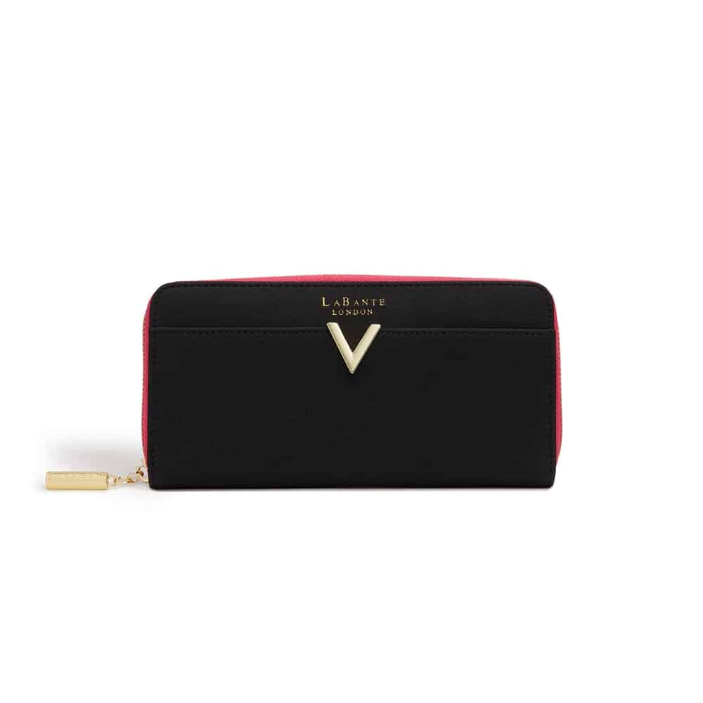 Black wallet with red trim and gold hardware, including a gold V in the front and stamped Labante London in gold