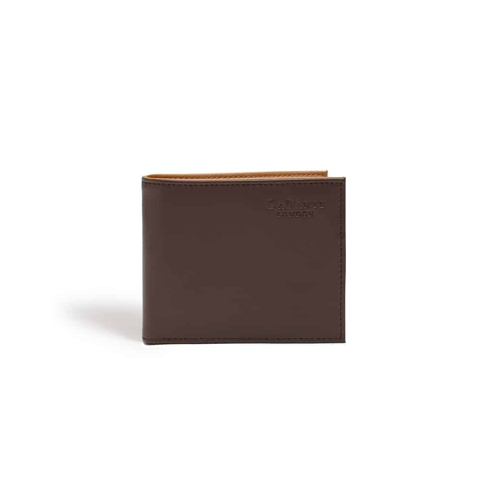 Brown bifold vegan leather wallet stamped with Labante London