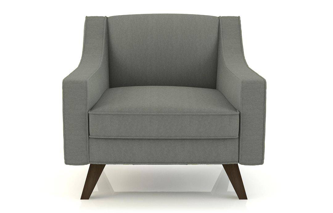 Grey fabric chair with dark wood legs