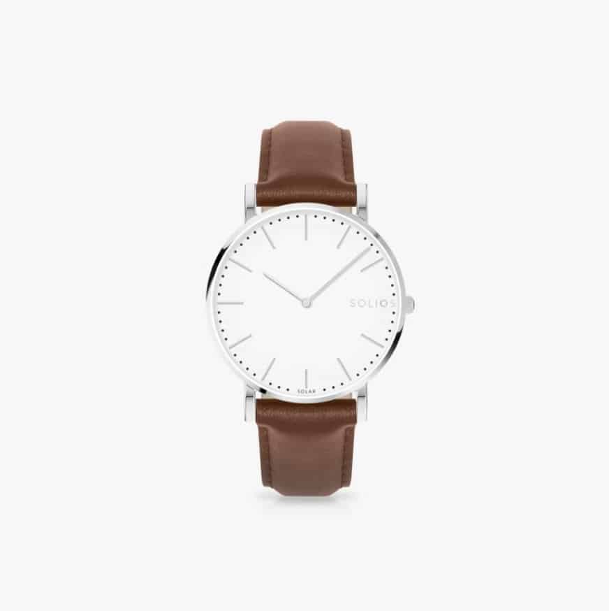 Solar watch with white dial, silver hardware, brown strap