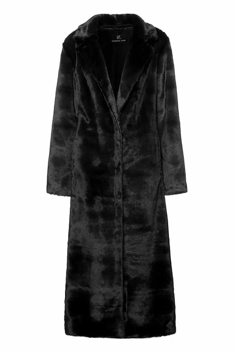 Long length black vegan faux fur coat