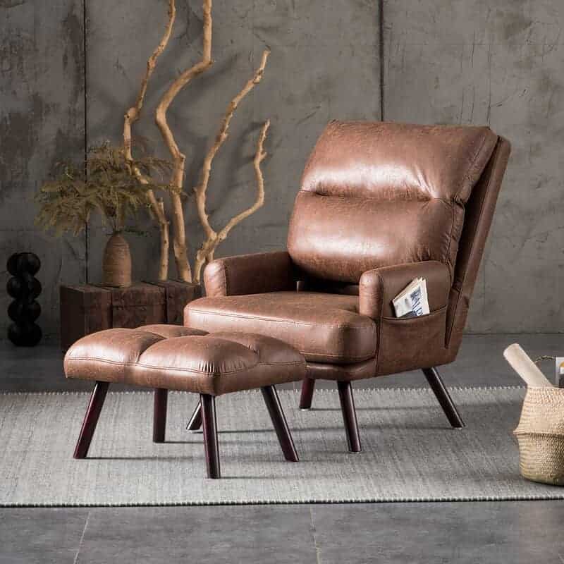 Dark brown vegan leather lounge chair with ottoman