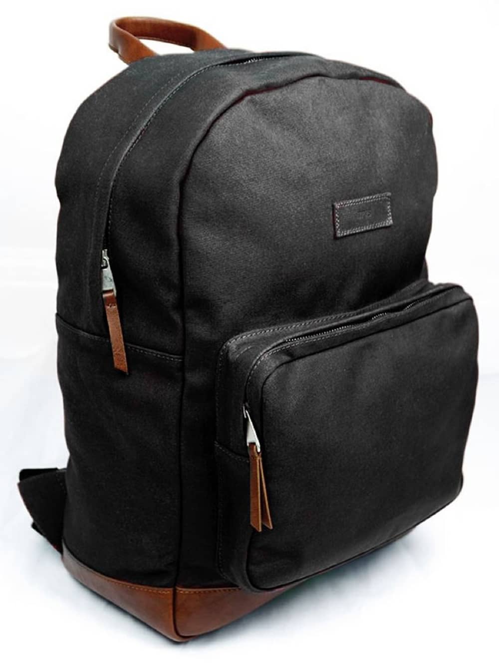 Black canvas backpack with brown vegan leather trim from Wills Vegan Store